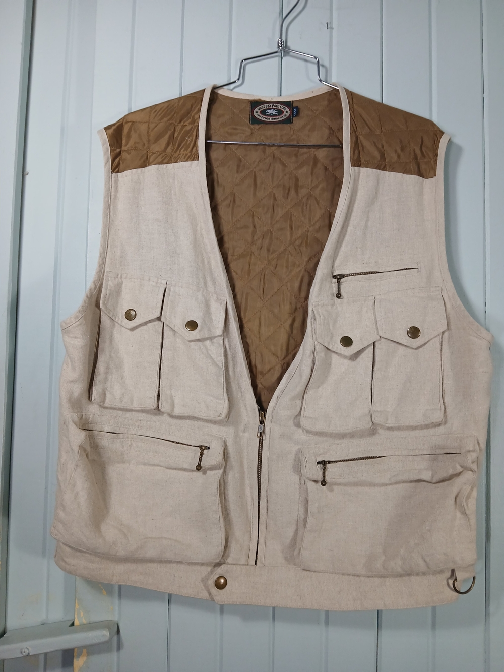 Men's Beige Utility Fishing Vest with Brown Trim
